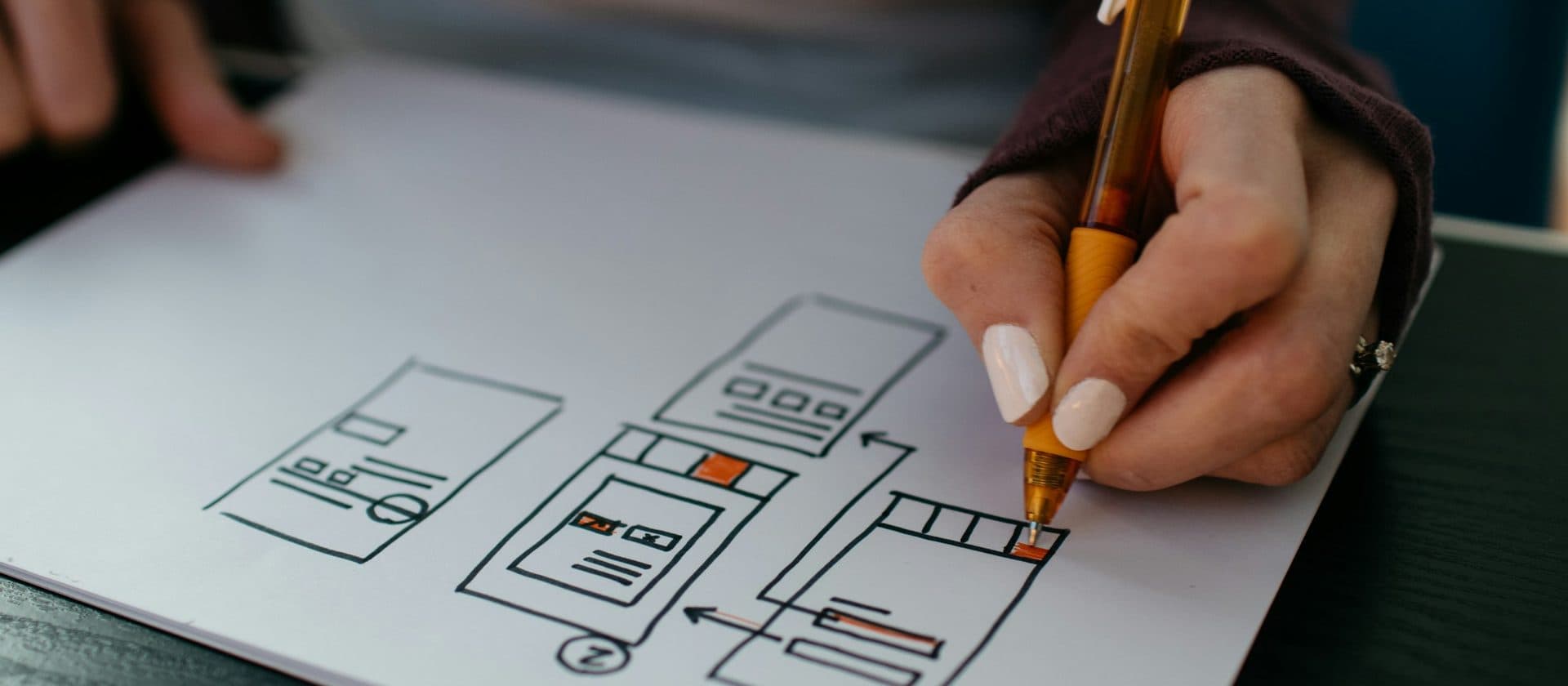 A hand sketching a website wireframe in pen: page blocks, a navigation bar and a call-to-action laid out on paper.